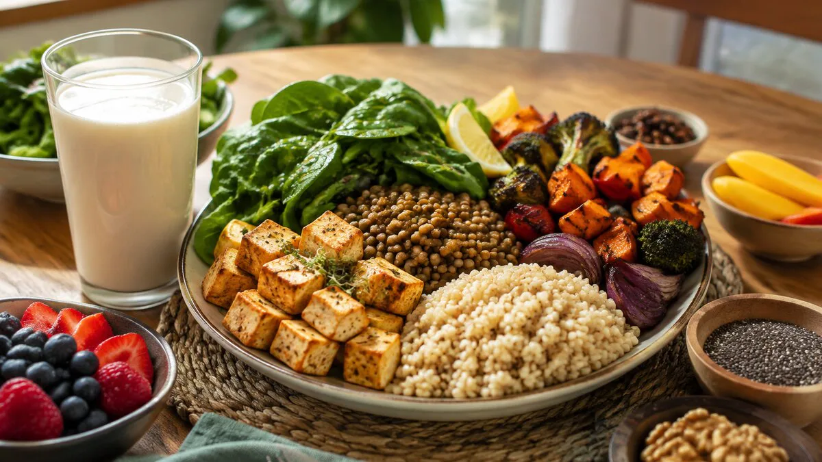 Alimentos veganos variados con legumbres, tofu, cereales, verduras, fruta y semillas