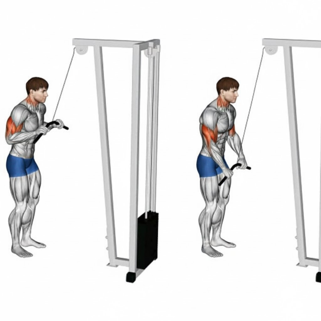 Persona realizando extensión de tríceps en polea con cuerda