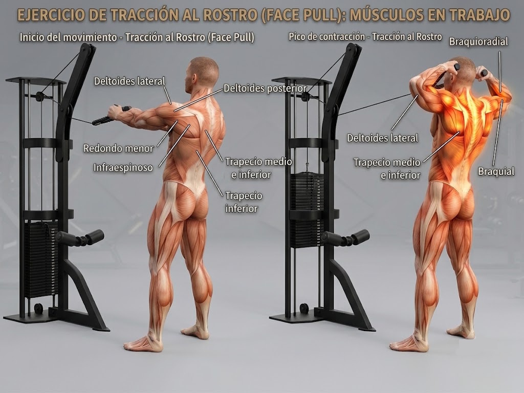 Persona realizando face pull en polea con cuerda