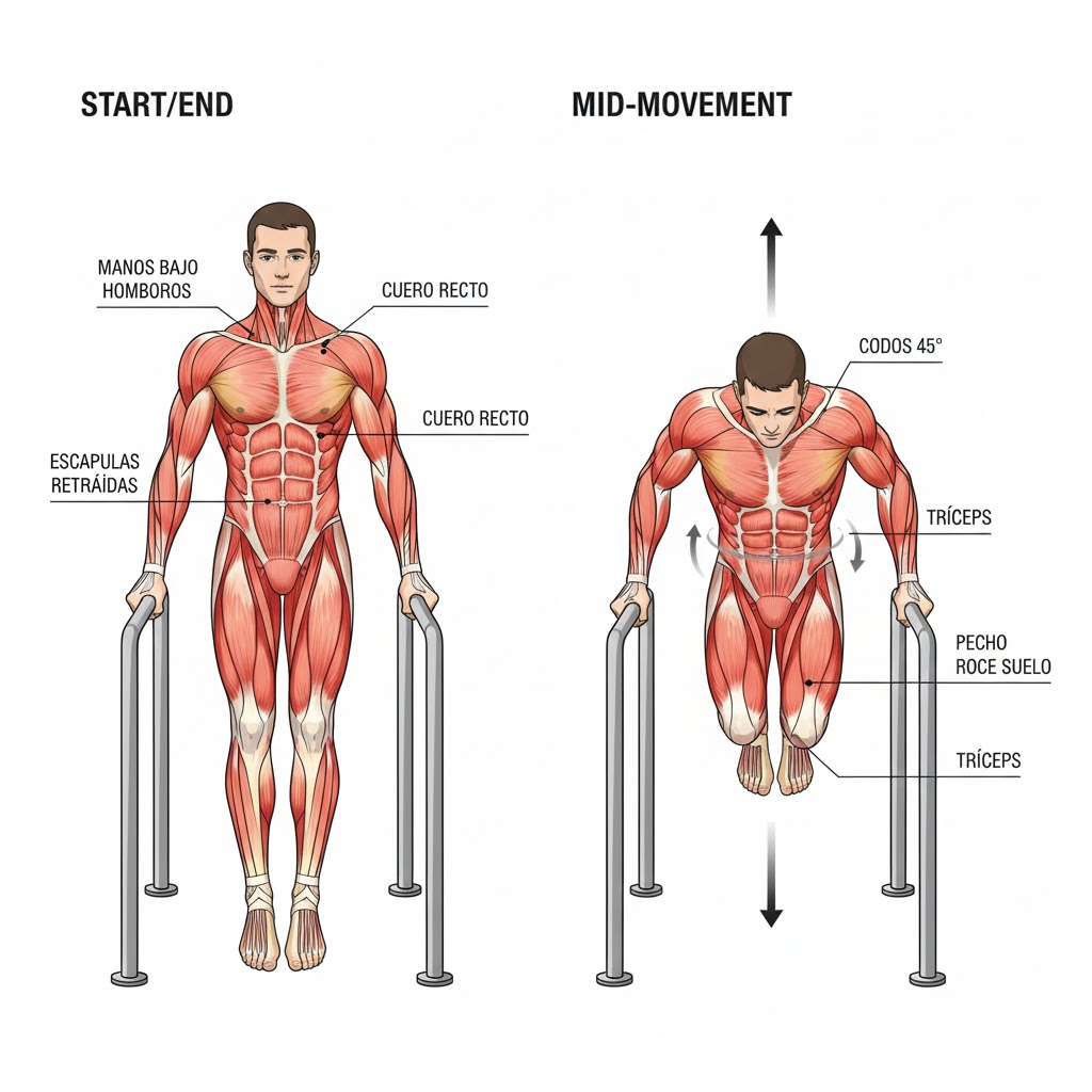 Persona realizando fondos en paralelas con el torso ligeramente inclinado