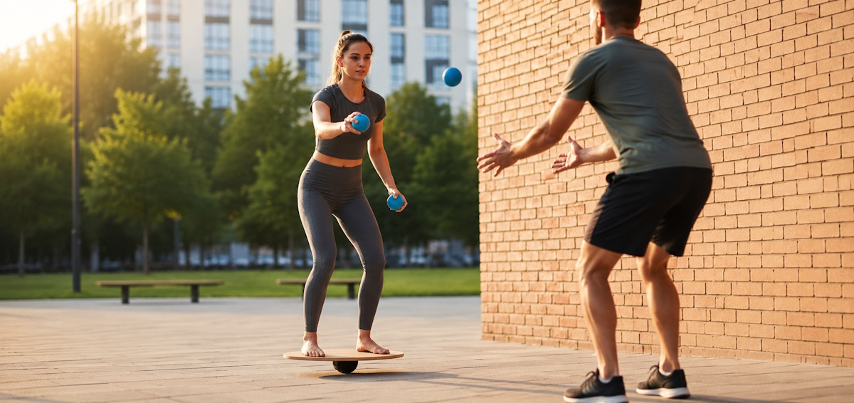 Ejercicio que combina equilibrio y manejo de pelota como doble tarea motora