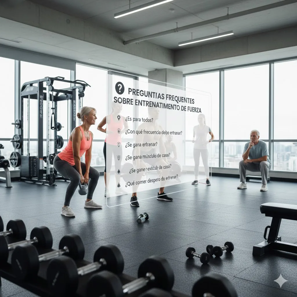 Personas entrenando junto a preguntas frecuentes sobre fuerza