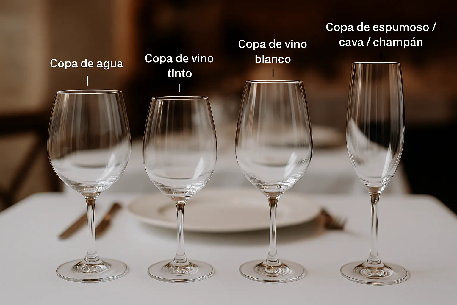 Cristalería organizada en una mesa formal