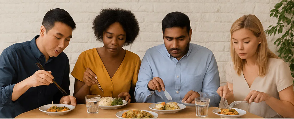 Personas compartiendo alimentos en una mesa de contexto multicultural