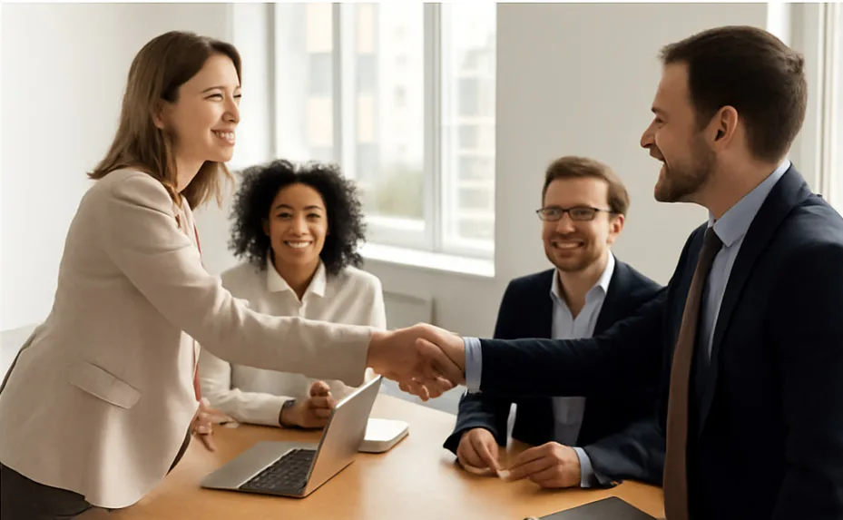 Saludo profesional durante una reunión de trabajo