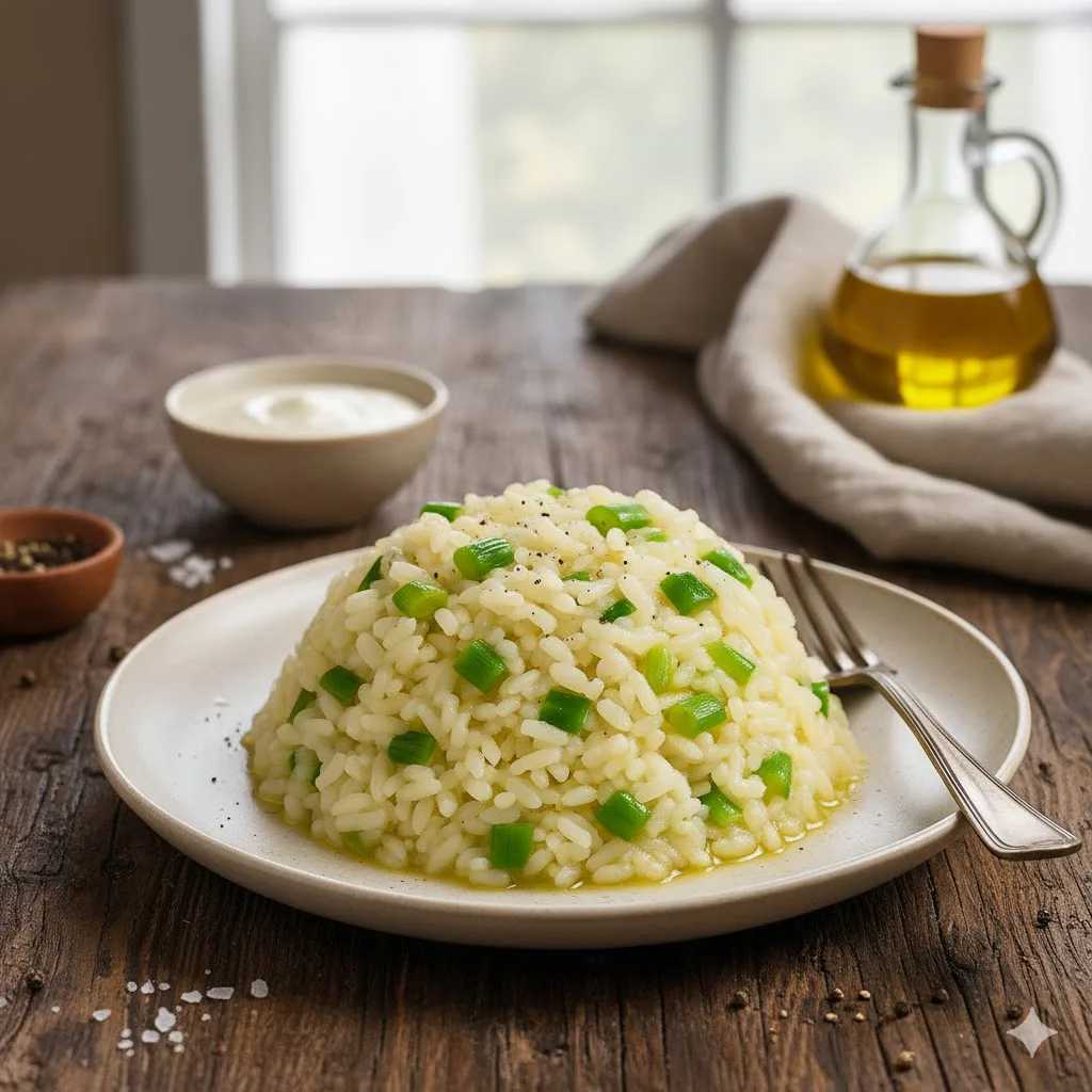 Arroz con ajos tiernos servido como acompañamiento