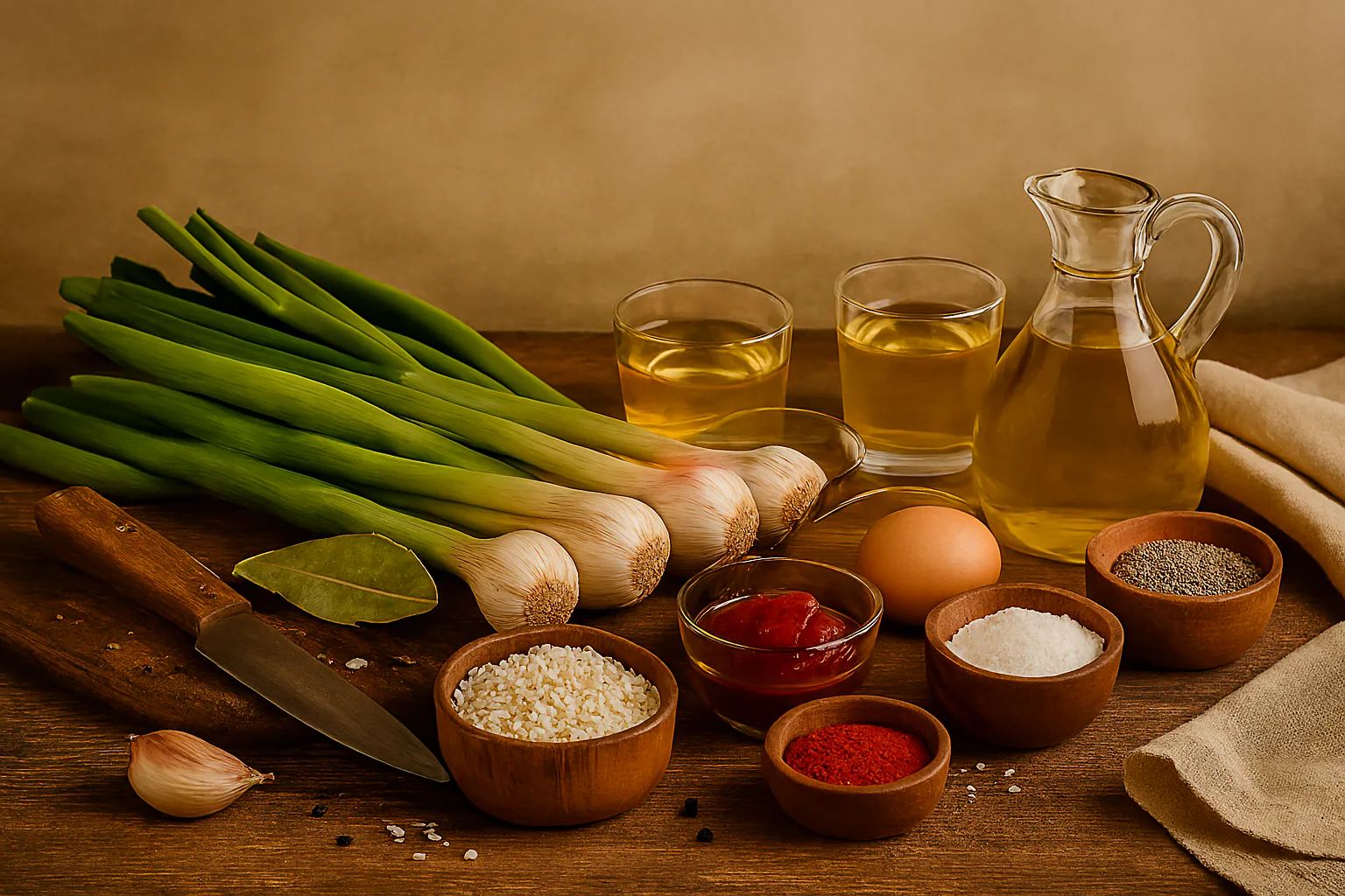 Arroz redondo, ajos tiernos, caldo y aceite preparados para cocinar