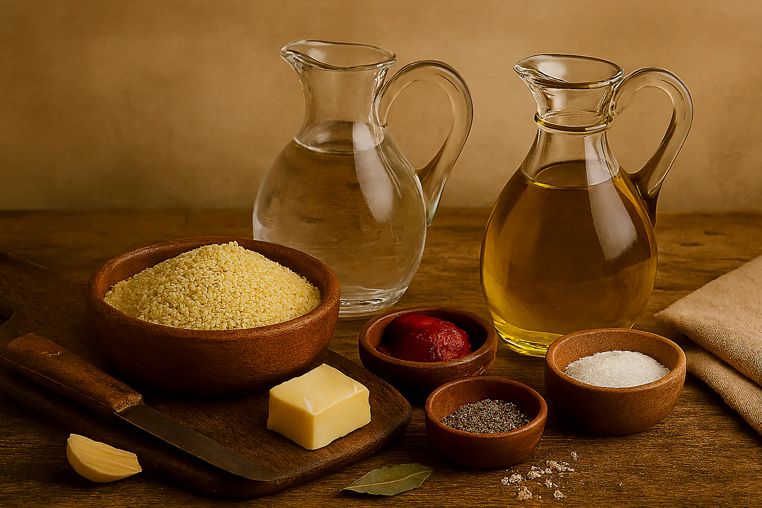 Cuscús seco, caldo, aceite y sal preparados