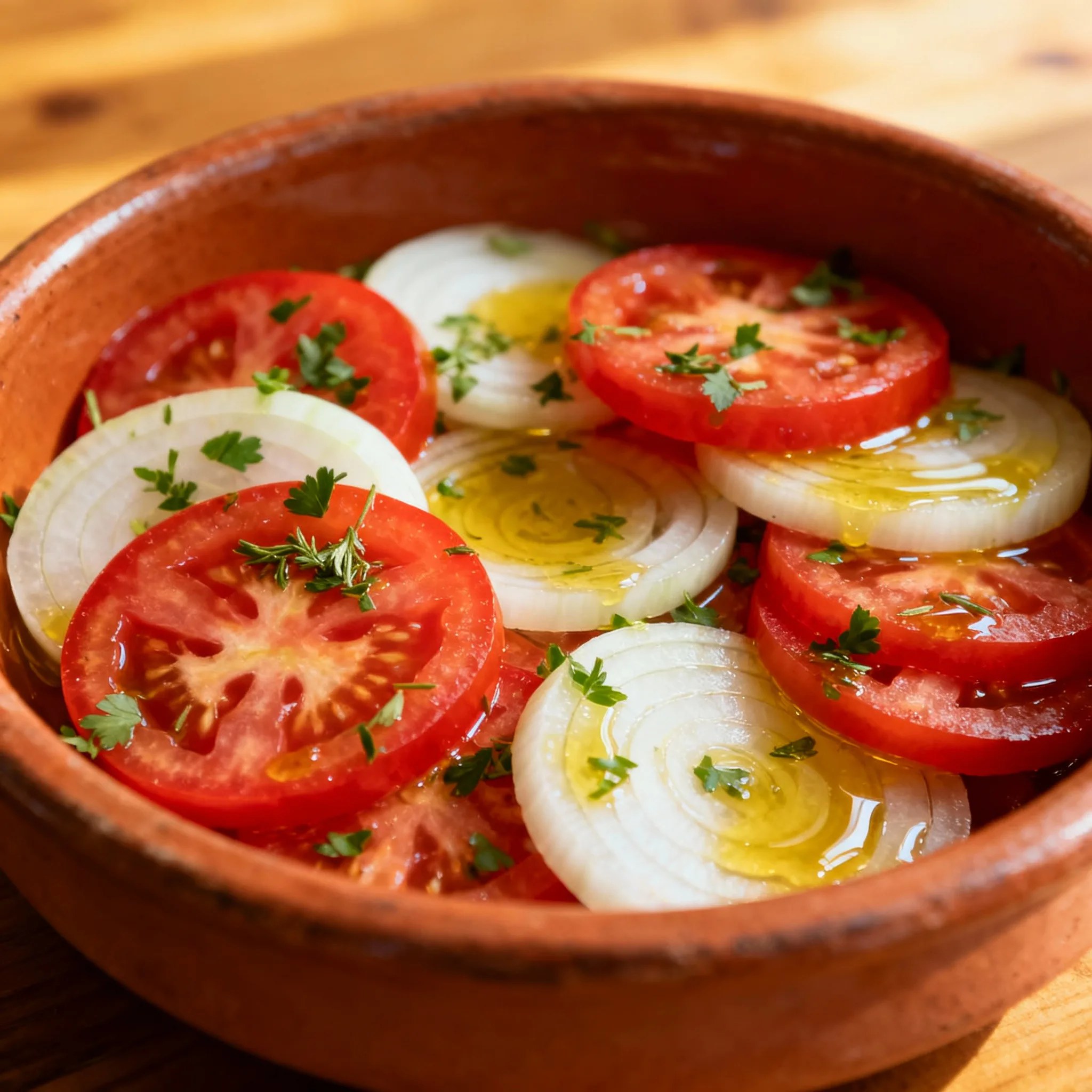 Ensalada de tomate maduro y cebolla cortada fina