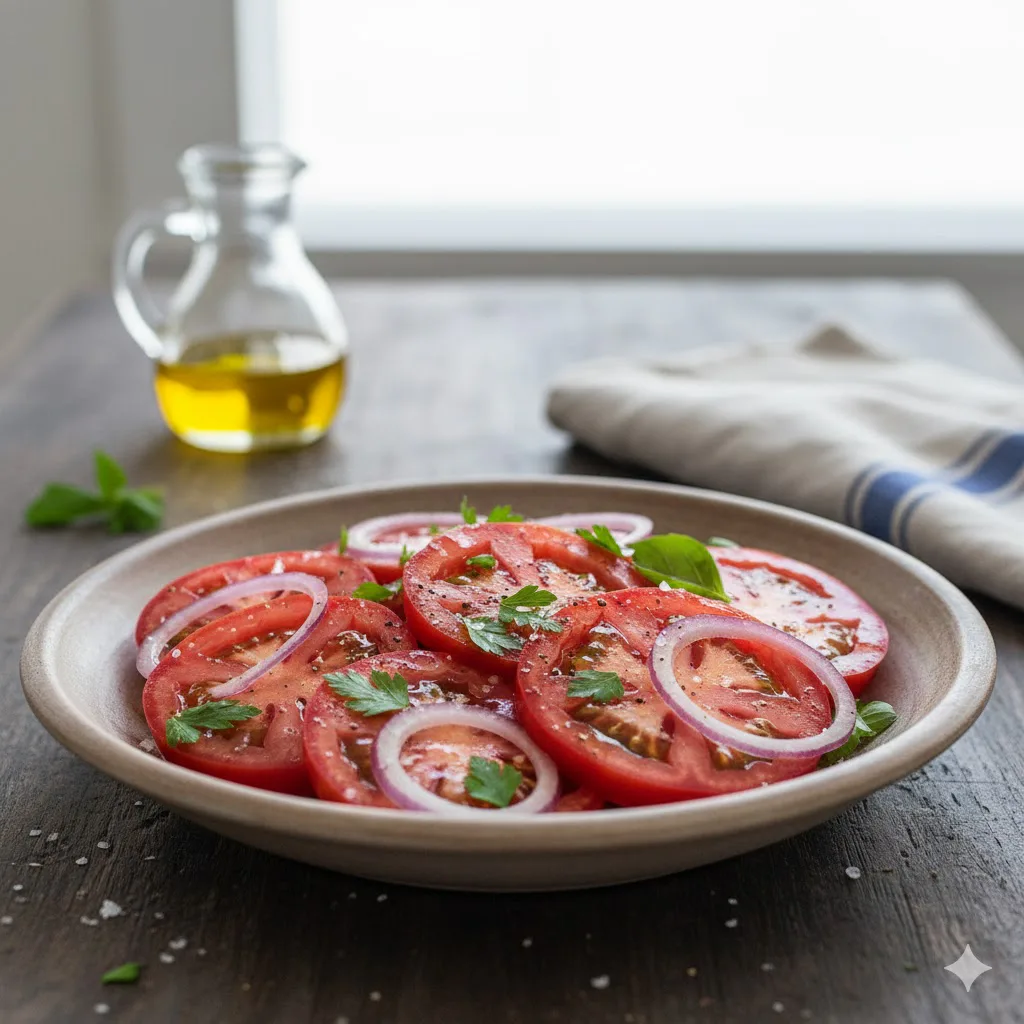 Ensalada de tomate y cebolla recién aliñada