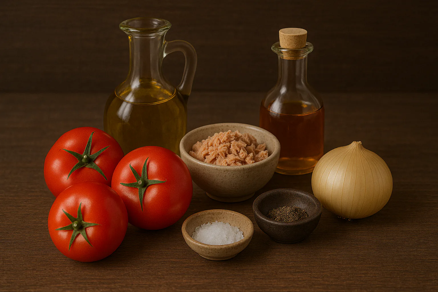 Tomates, cebolla, aceite, vinagre y sal para la ensalada