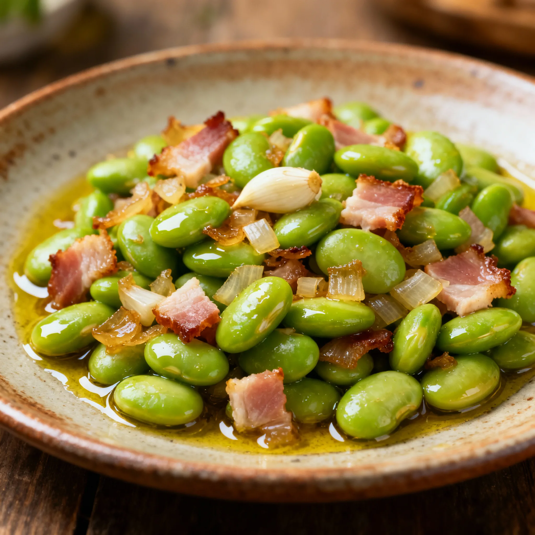 Habas salteadas con ajo, cebolla tierna y jamón