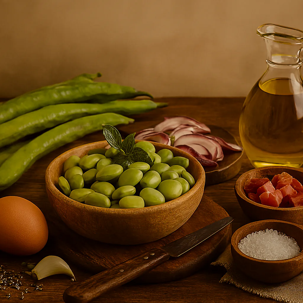 Habas, ajo, cebolla tierna, jamón y aceite preparados