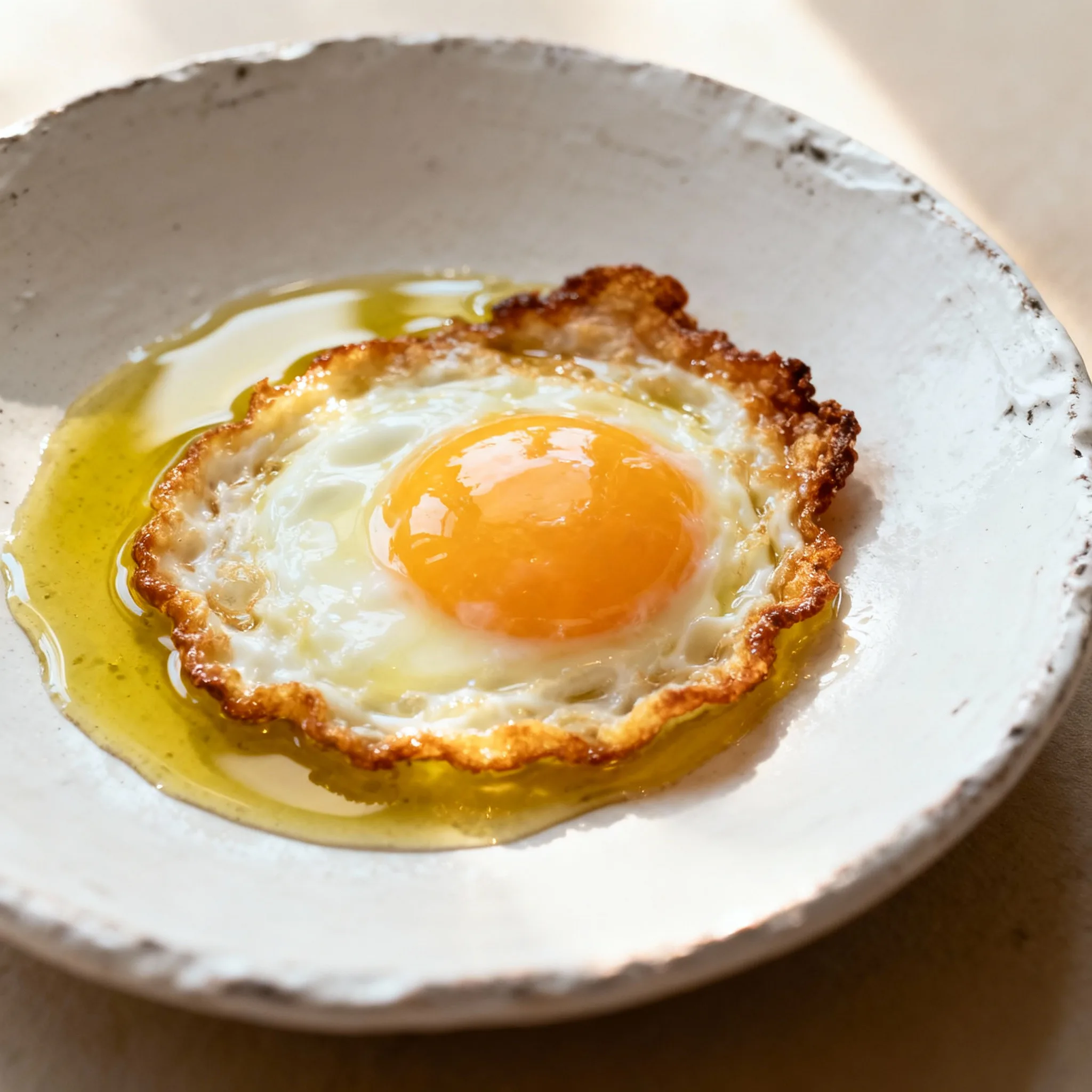 Huevo frito con clara cuajada, puntilla dorada y yema cremosa