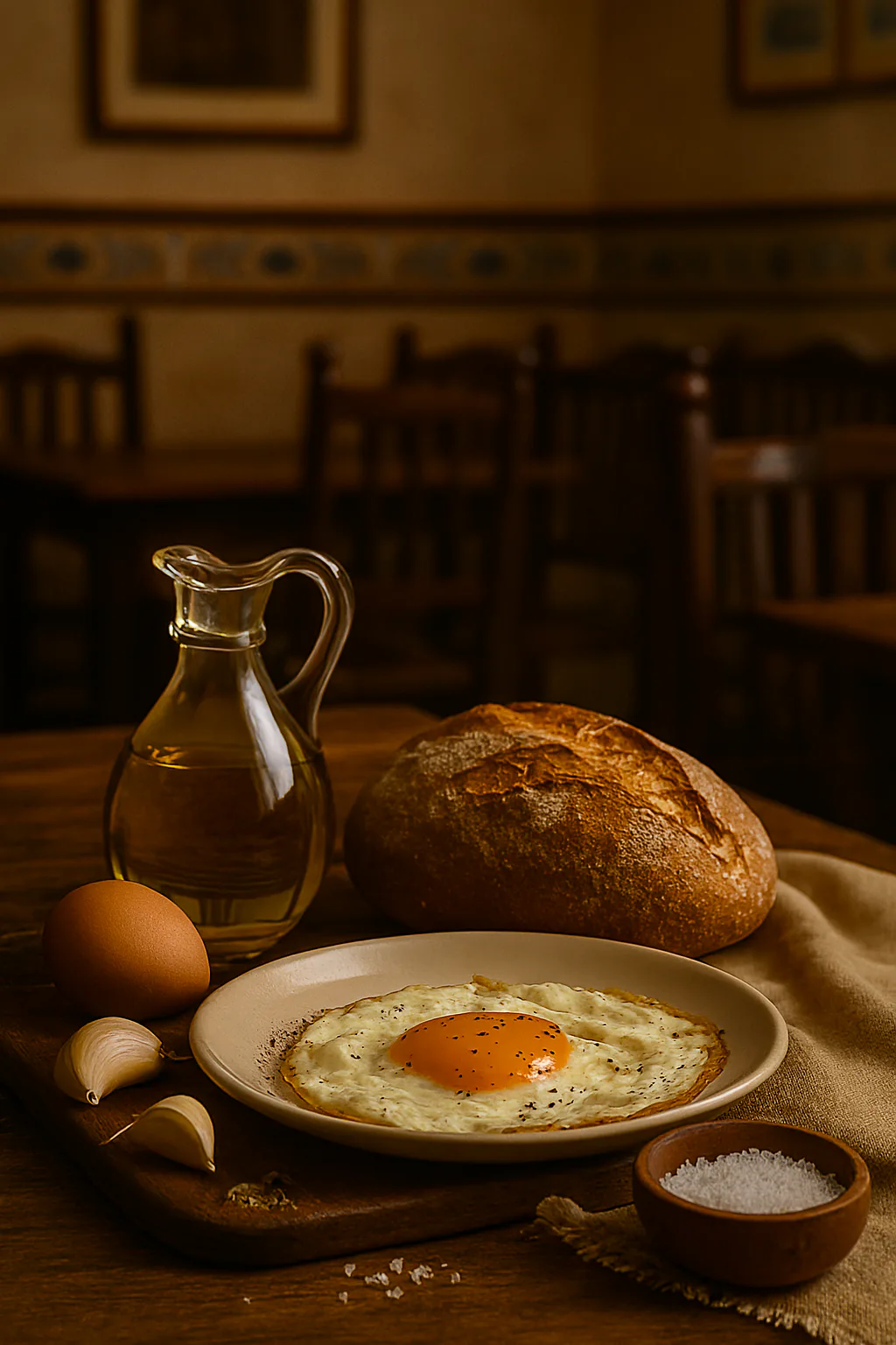 Huevo, aceite de oliva y sal preparados para freír