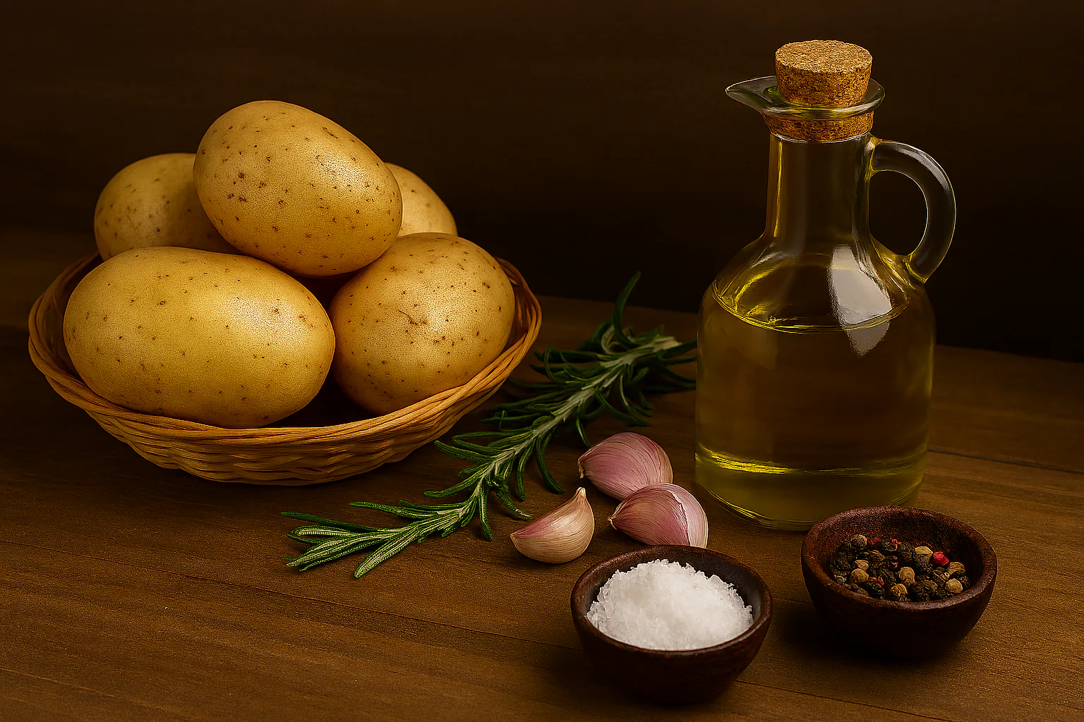 Patatas, romero, ajo y aceite preparados para asar