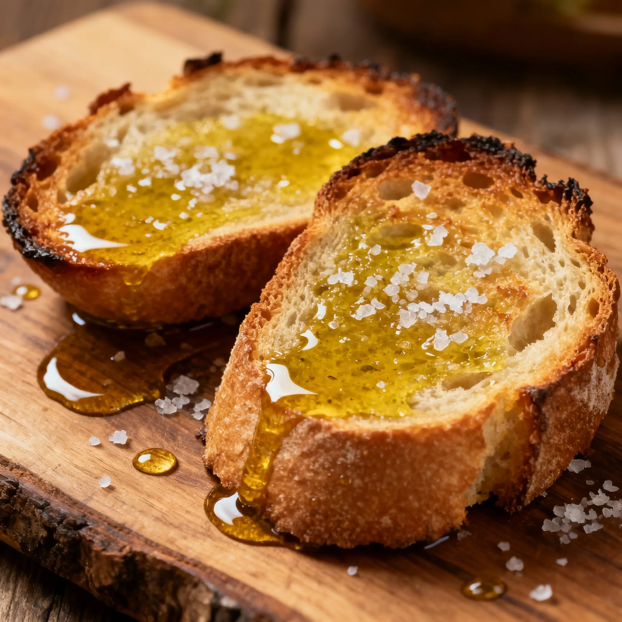 Tostas de pan rústico con aceite de oliva y sal