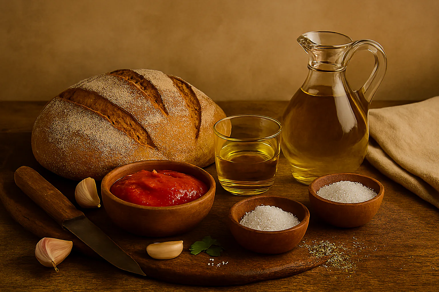 Pan, aceite de oliva y sal preparados para hacer tostas