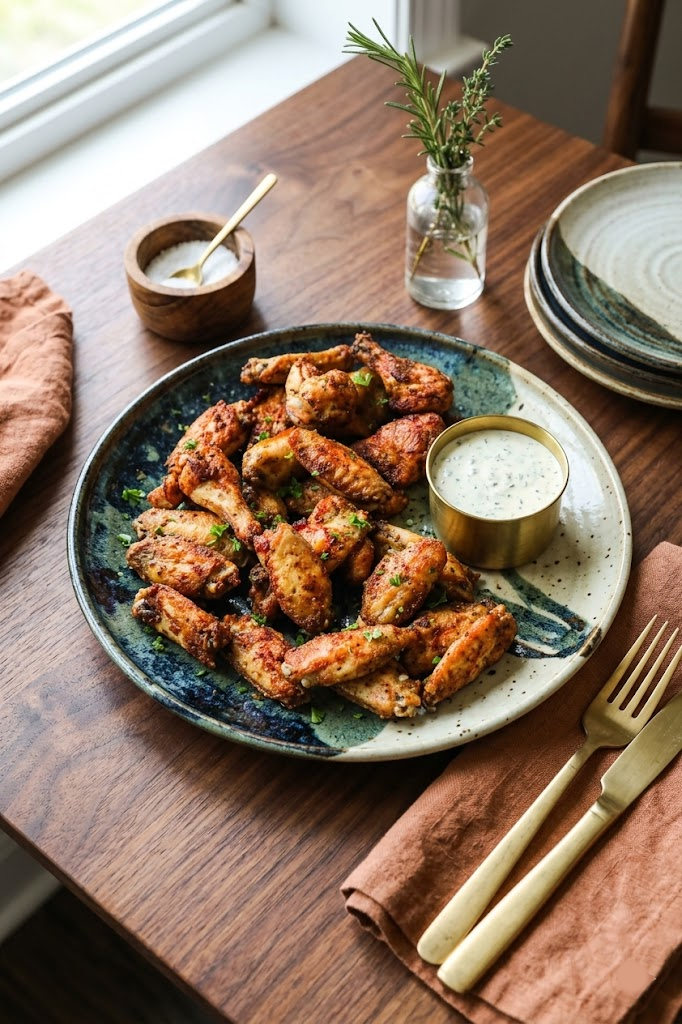Alitas de pollo en freidora de aire servidas doradas y crujientes