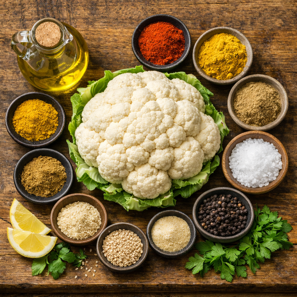 Ingredientes para preparar coliflor especiada en freidora de aire