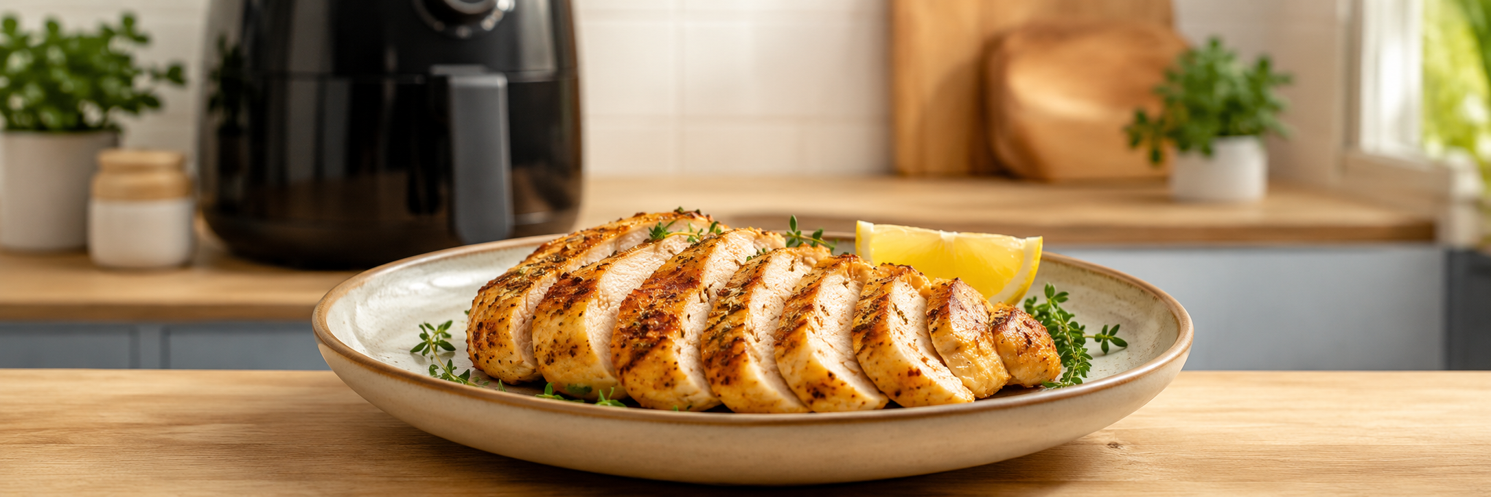 Pechuga de pollo dorada cocinada en freidora de aire