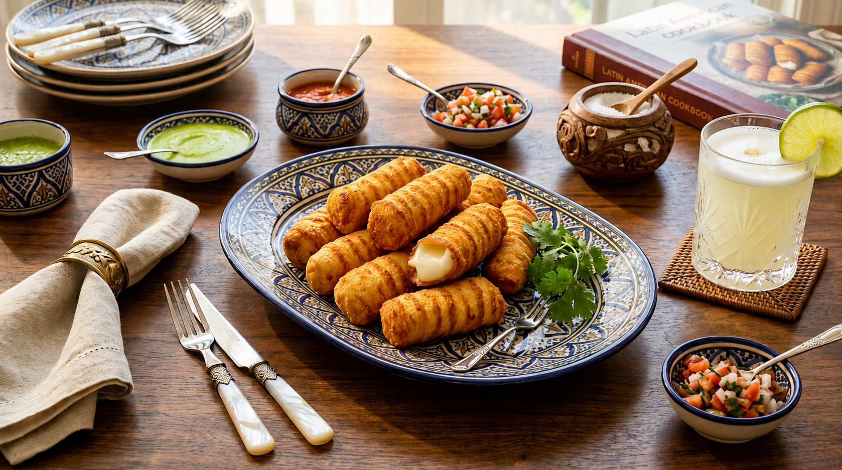 Tequeños en freidora de aire servidos dorados con salsa