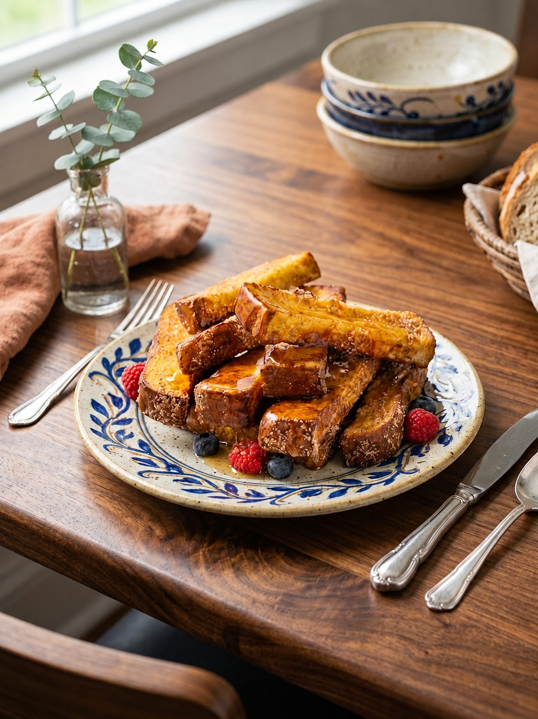 Tostadas francesas en freidora de aire servidas con fruta y miel