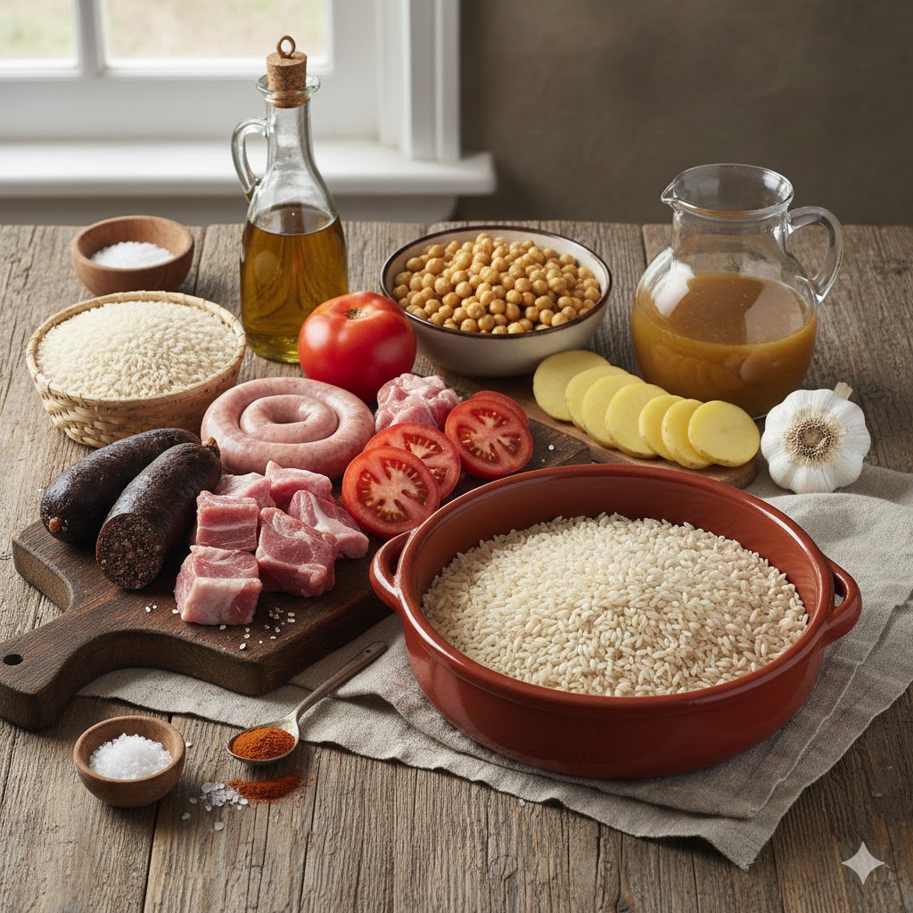 Ingredientes del arroz al horno: morcillas, longanizas, costilla, arroz bomba, garbanzos y patatas