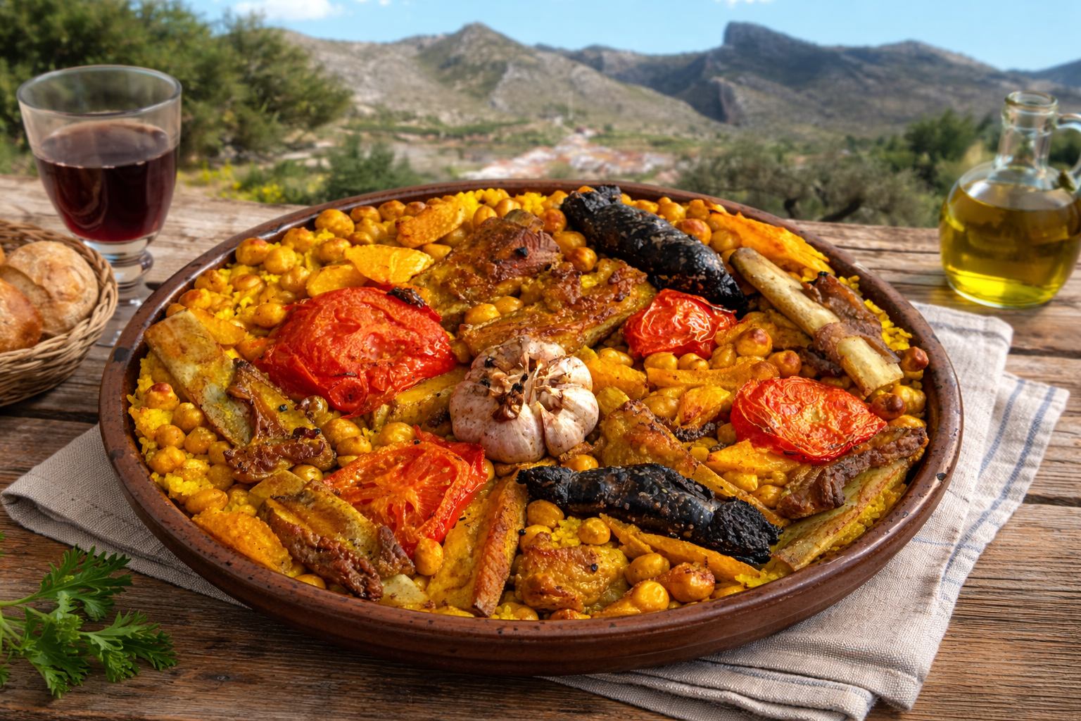 Interior de cocina valenciana tradicional con cazuelas de barro y horno de leña
