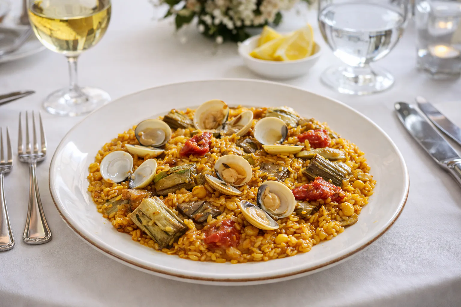 Arroz con alcachofas, puntillas, almejas y sobrasada listo para servir