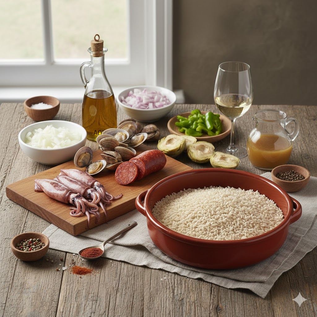 Ingredientes: puntillas (calamares pequeños), almejas, corazones de alcachofa, sobrasada y arroz bomba