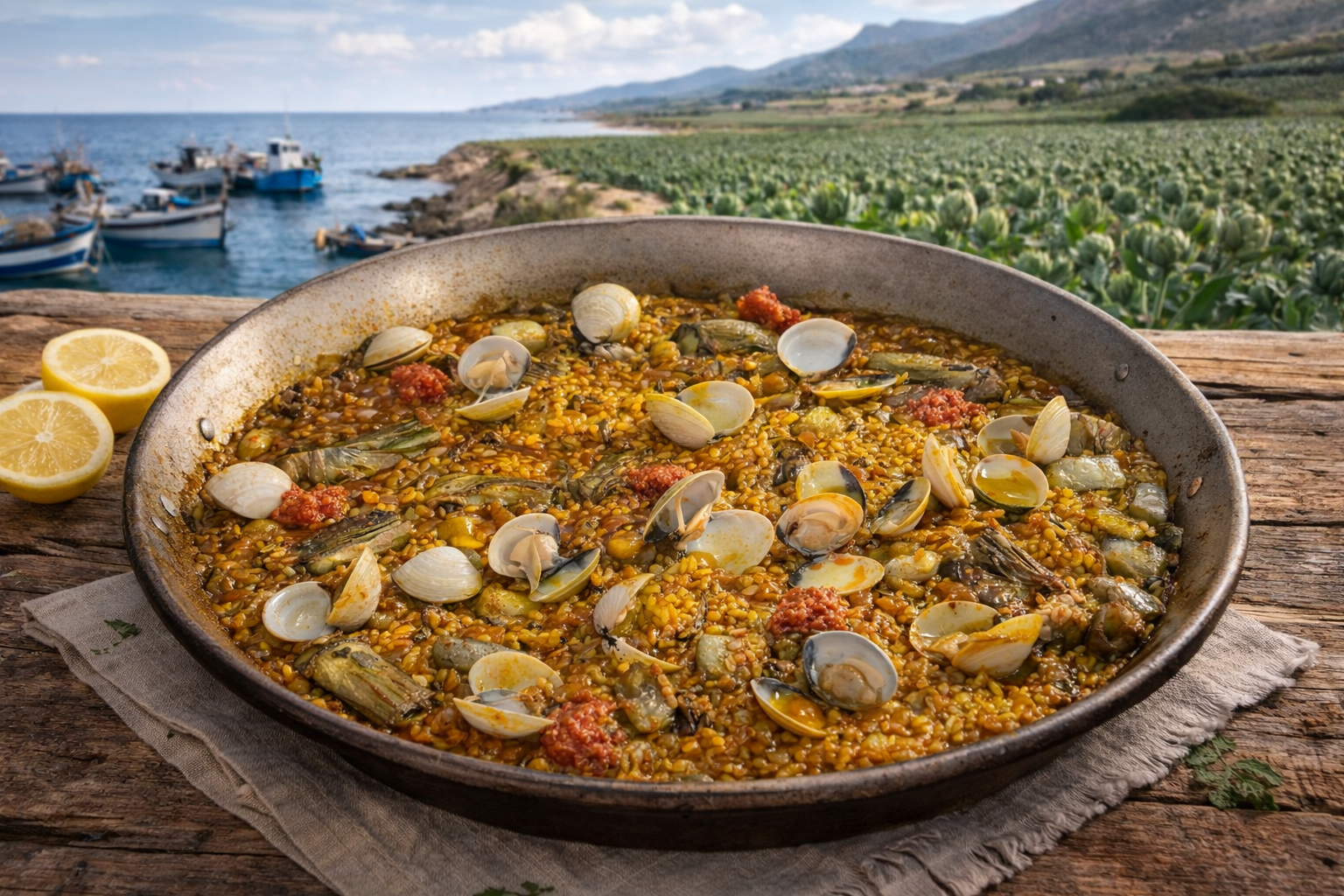 Costa mediterránea con barcas de pesca y al fondo campos de alcachofas