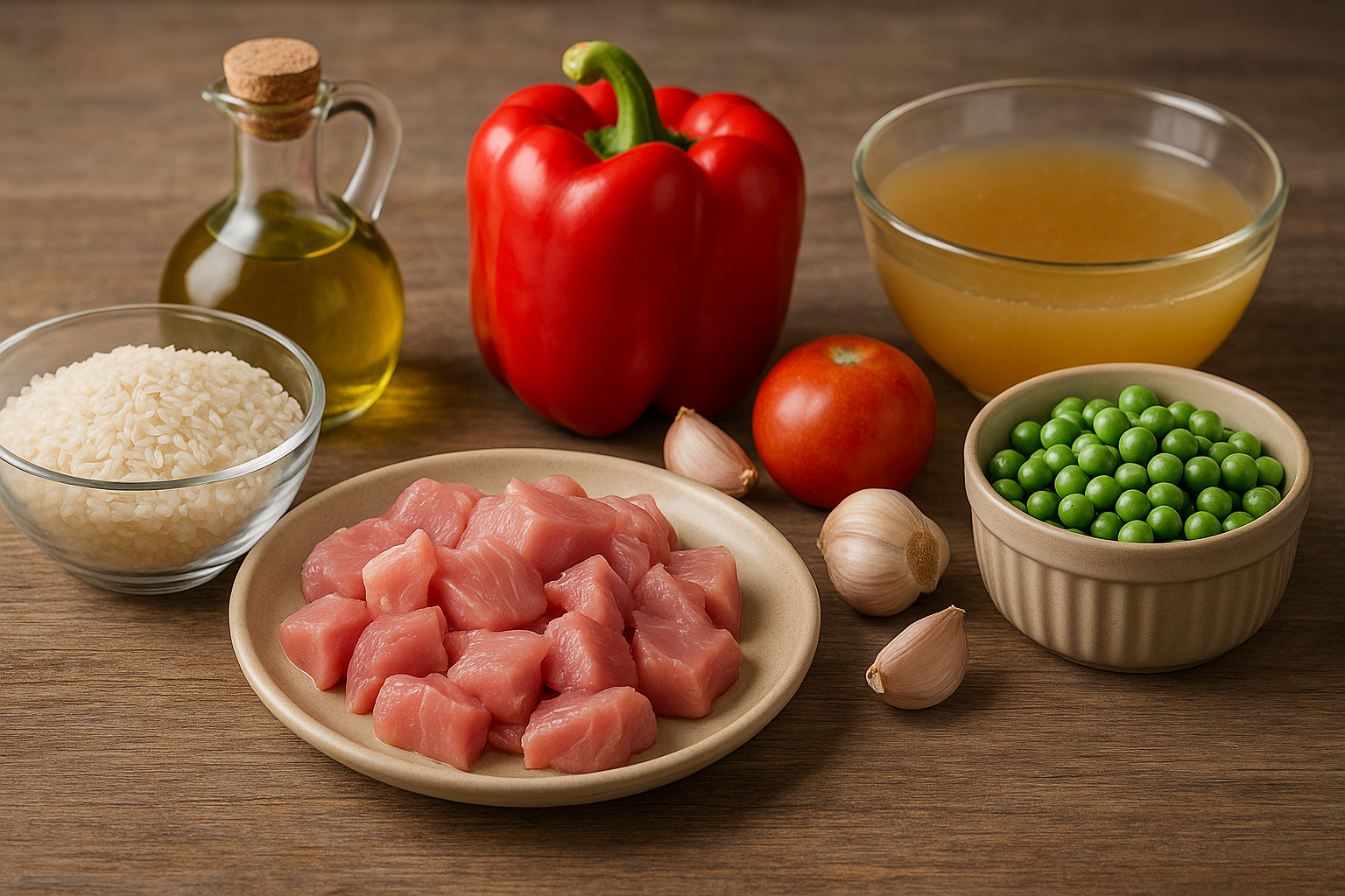 Ingredientes para el arroz con carne: pollo, cerdo, pimiento rojo, guisantes, cebolla, ajo, tomate y arroz