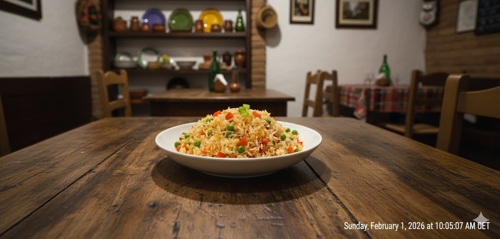 Cocina familiar moderna con cazuela de arroz humeante en la mesa del comedor