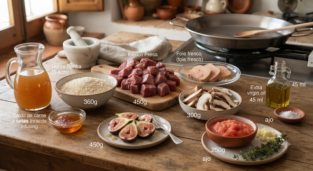 Ingredientes para arroz seco de presa ibérica, foie, boletus e higos