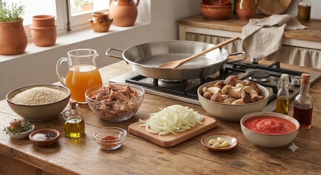 Ingredientes para arroz seco de pulled pork, cebolla caramelizada y boletus