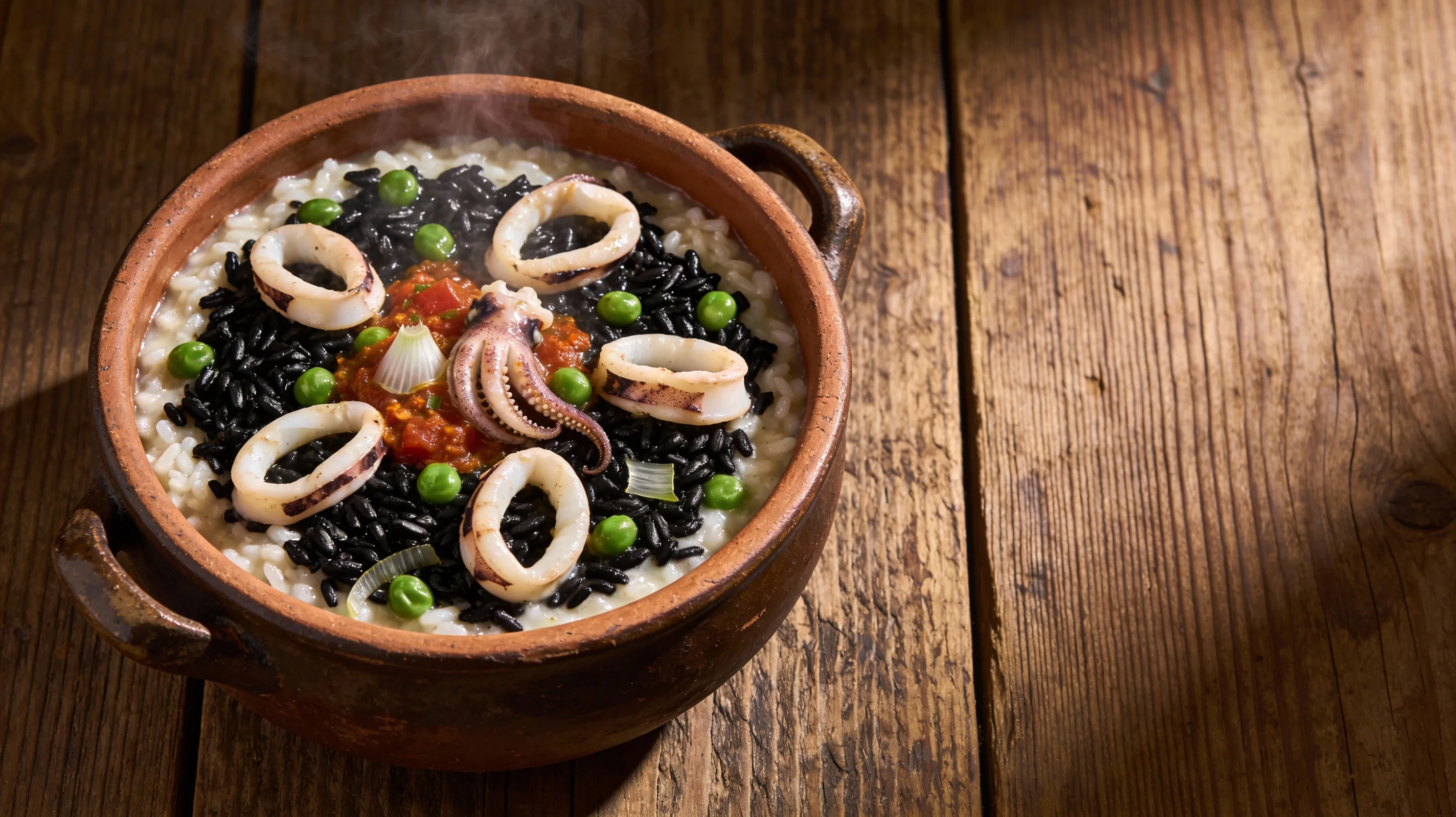 Arroz meloso con calamares y guisantes