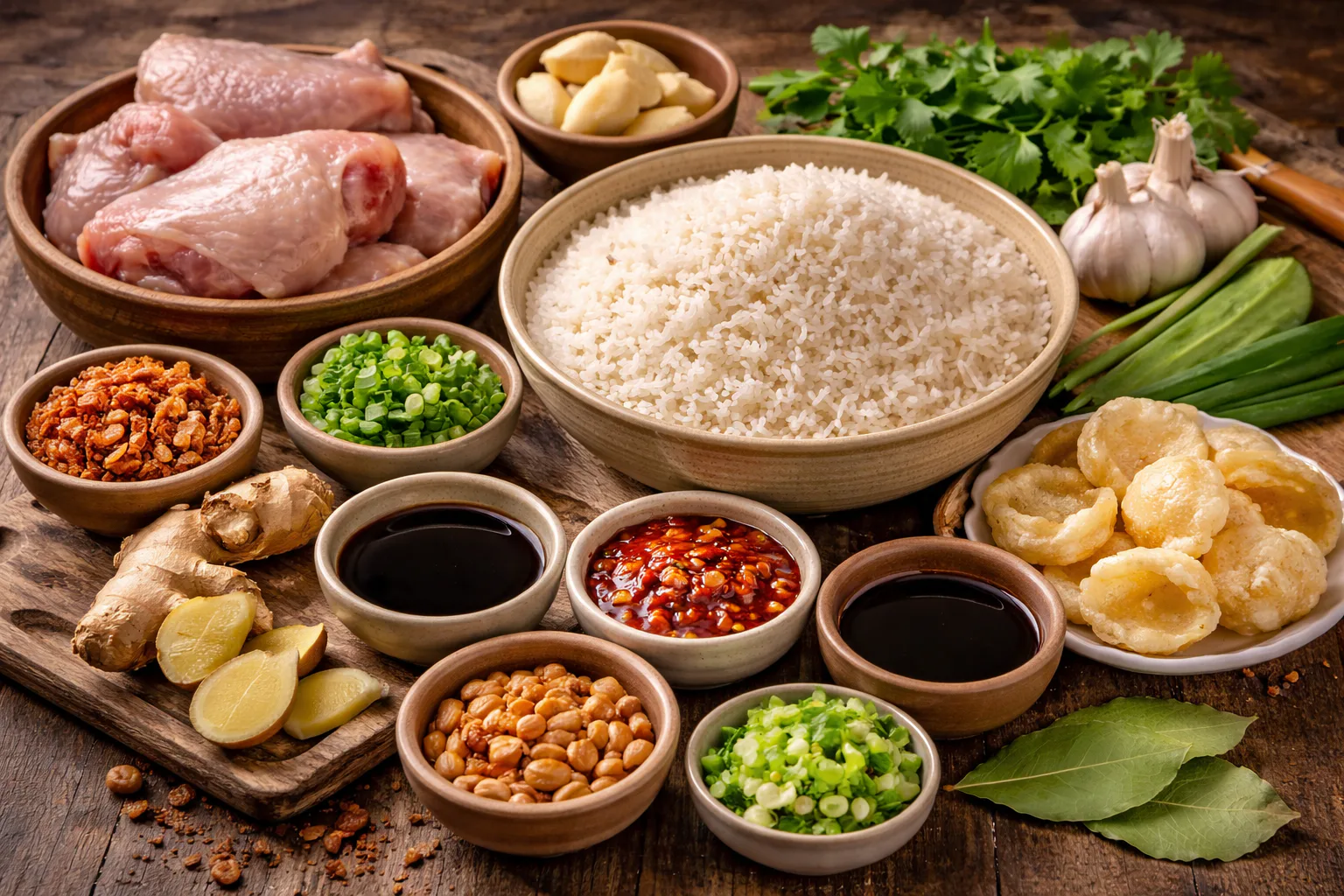Ingredientes para Bubur ayam indonesio