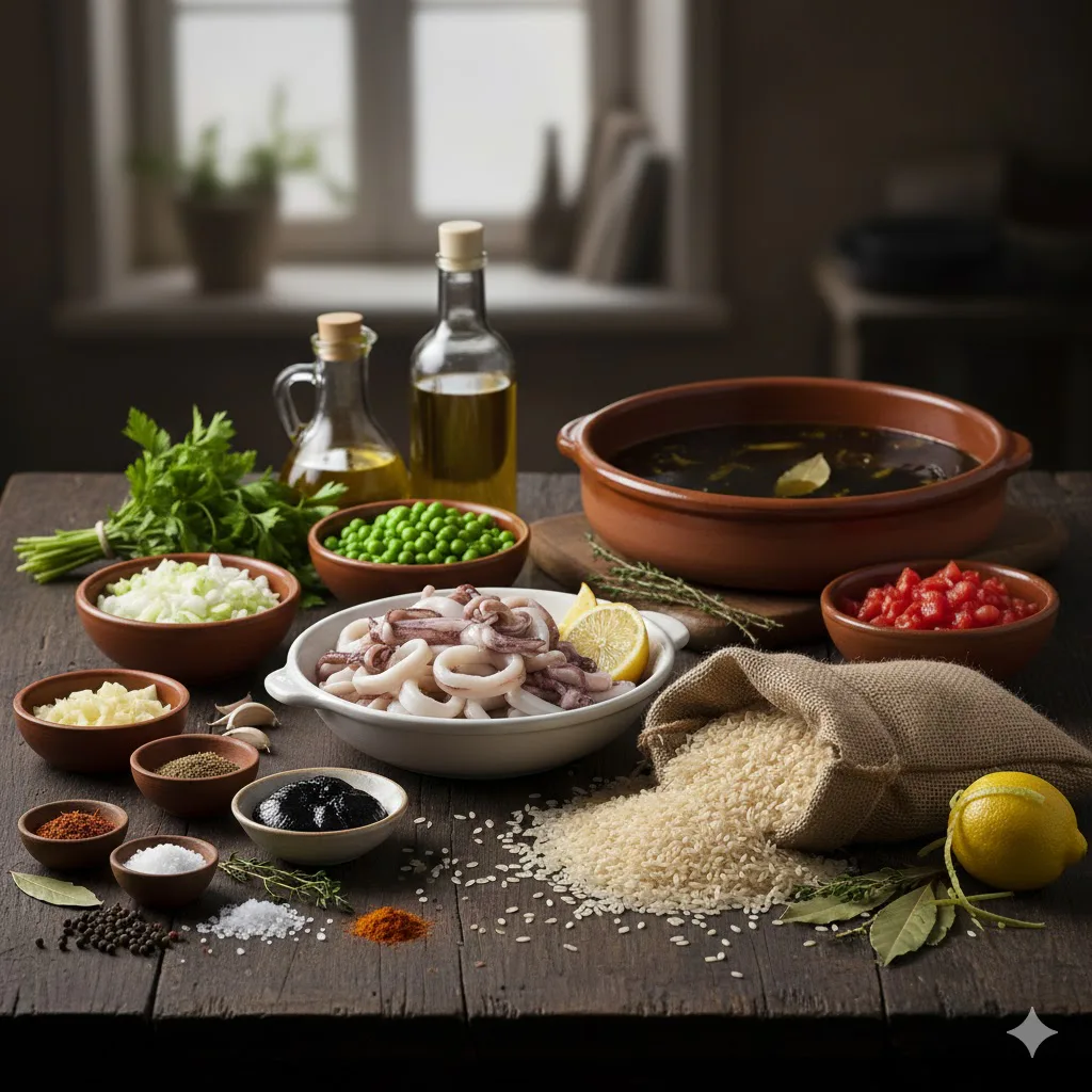 Ingredientes para Arroz meloso con calamares y guisantes