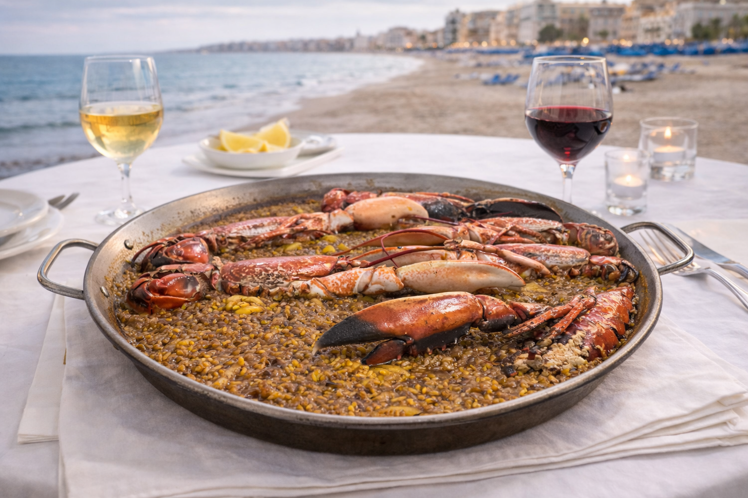 Restaurante con estrella Michelin en costa rocosa mediterránea al atardecer