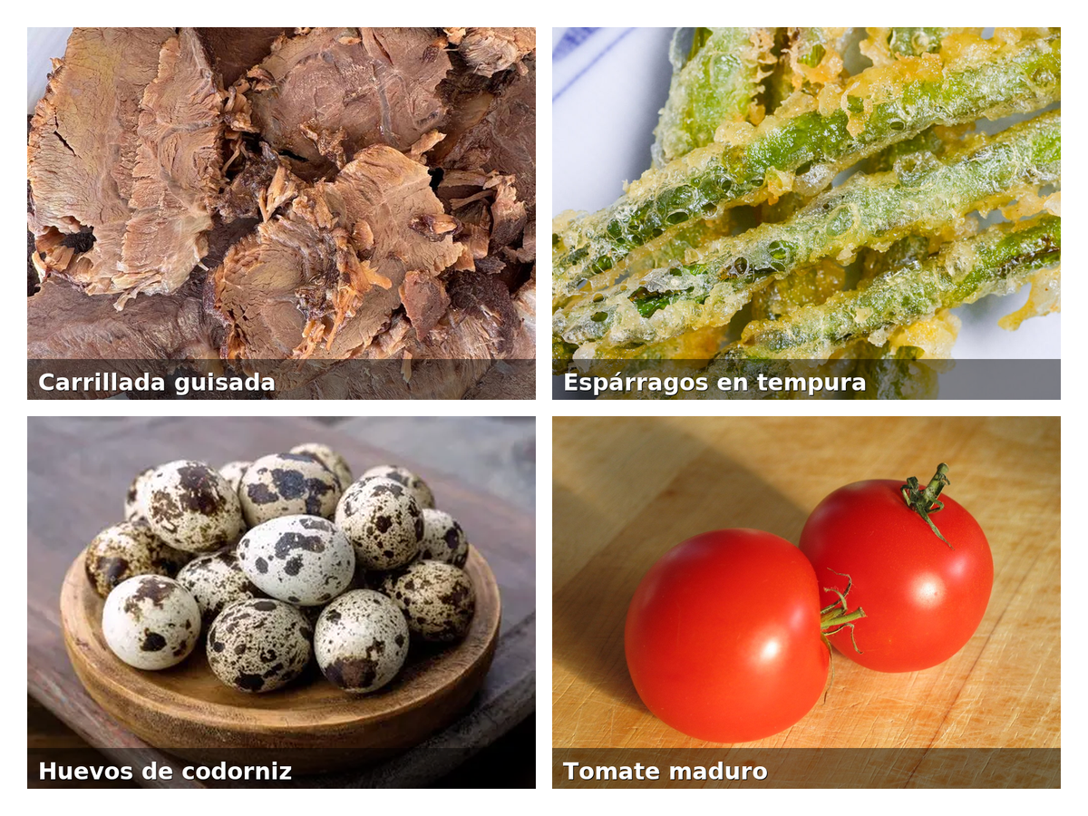 Ingredientes para la paella: carrillada ibérica, espárragos trigueros, huevos de codorniz, arroz bomba, vino tinto y especias