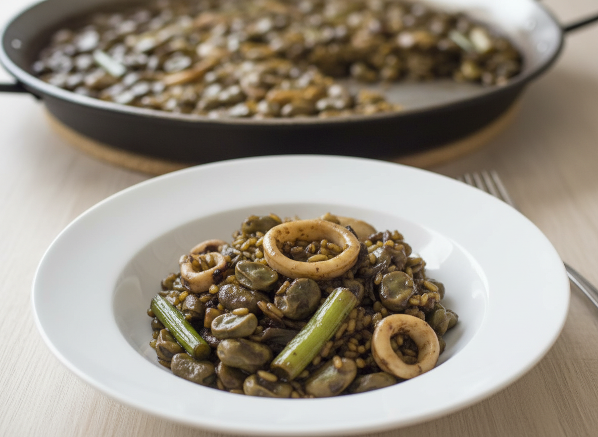 Paella terminada con chipirones tiernos, habas verdes brillantes y ajos tiernos bien visibles sobre arroz dorado