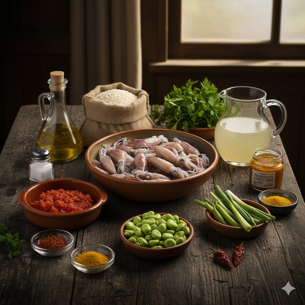 Ingredientes primaverales: chipirones pequeños, habas tiernas, ajos tiernos con su parte verde, ñoras y arroz bomba