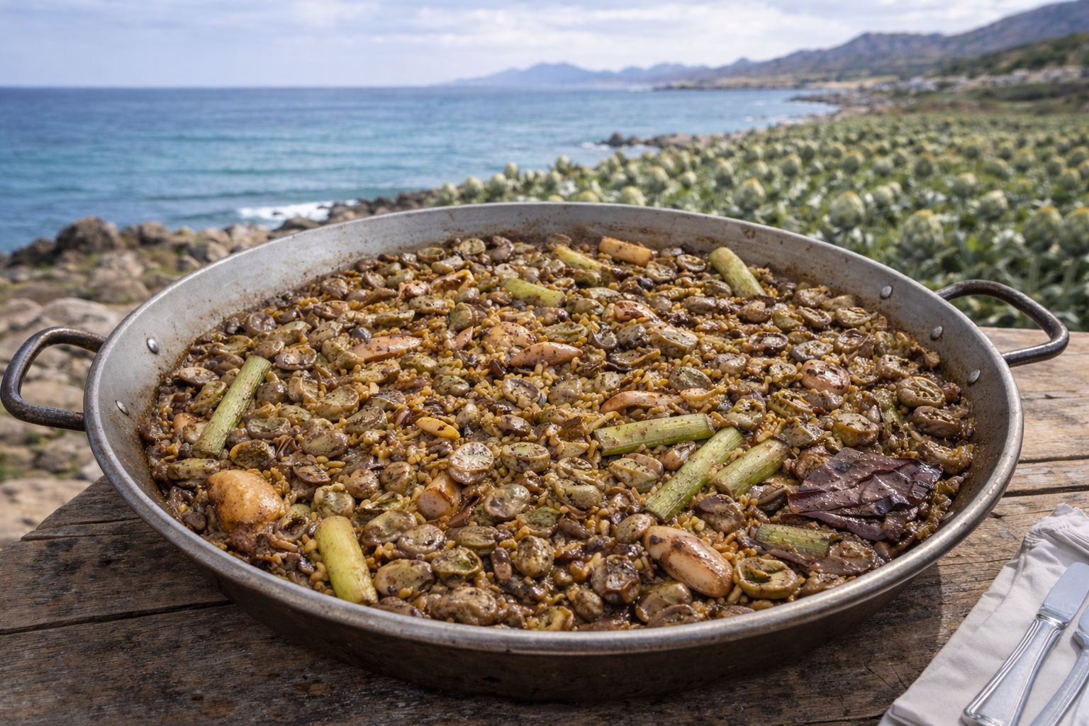 Huerta mediterránea en primavera con campos de habas y ajos junto al mar