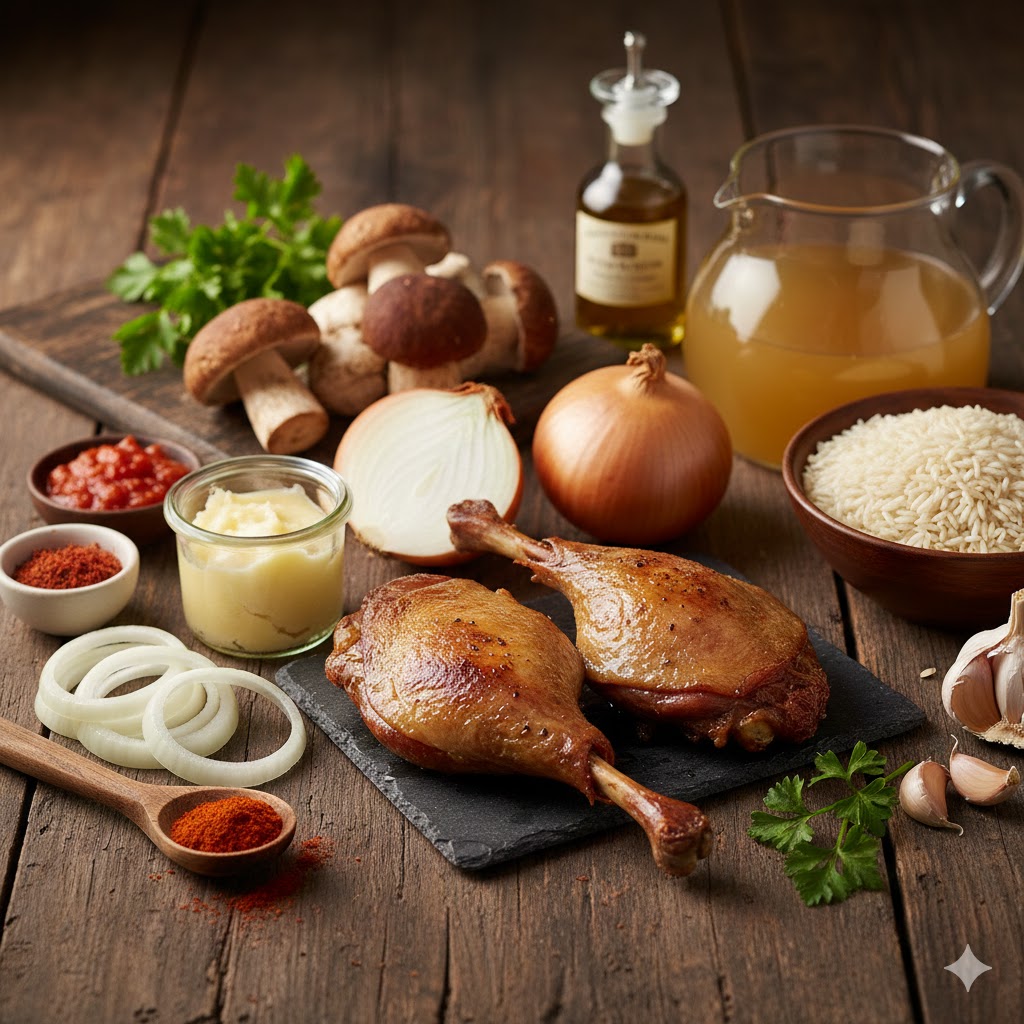 Ingredientes para la paella: muslos de pato confit, boletus frescos, cebollas, arroz bomba y especias