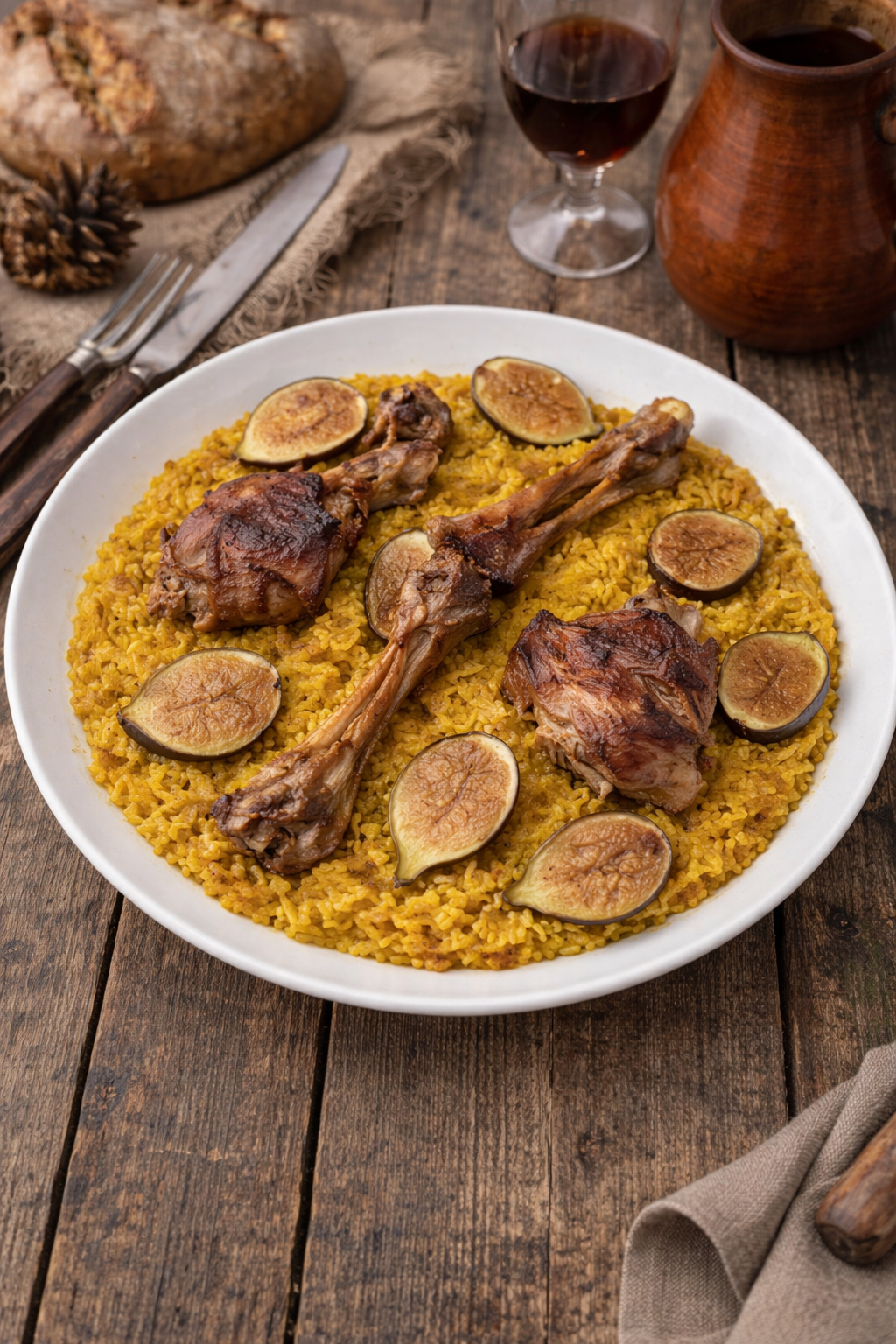 Paella de cordero terminada con trozos de paletilla asada, higos caramelizados y socarrat dorado