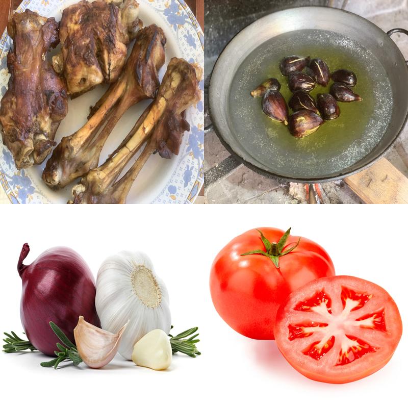 Ingredientes para la paella: paletilla de cordero, higos secos, cebolla, ajos, tomate y arroz bomba