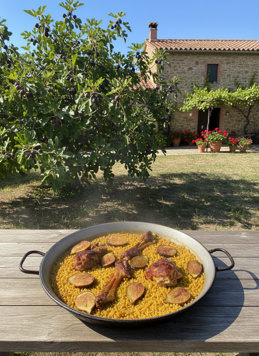 Paisaje otoñal de montaña con rebaño de ovejas e higueras