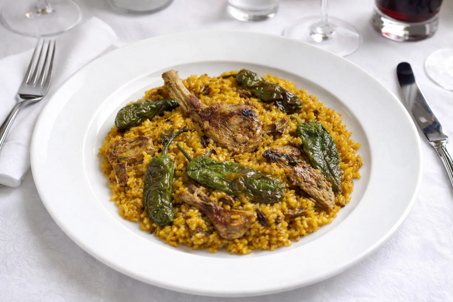 Paella de chuletas de cordero con pimientos del Padrón listo para servir