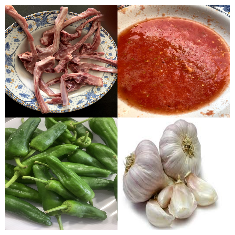Ingredientes para paella de cordero: chuletas de cordero, pimientos del padrón, tomates, ajos, arroz bomba y romero